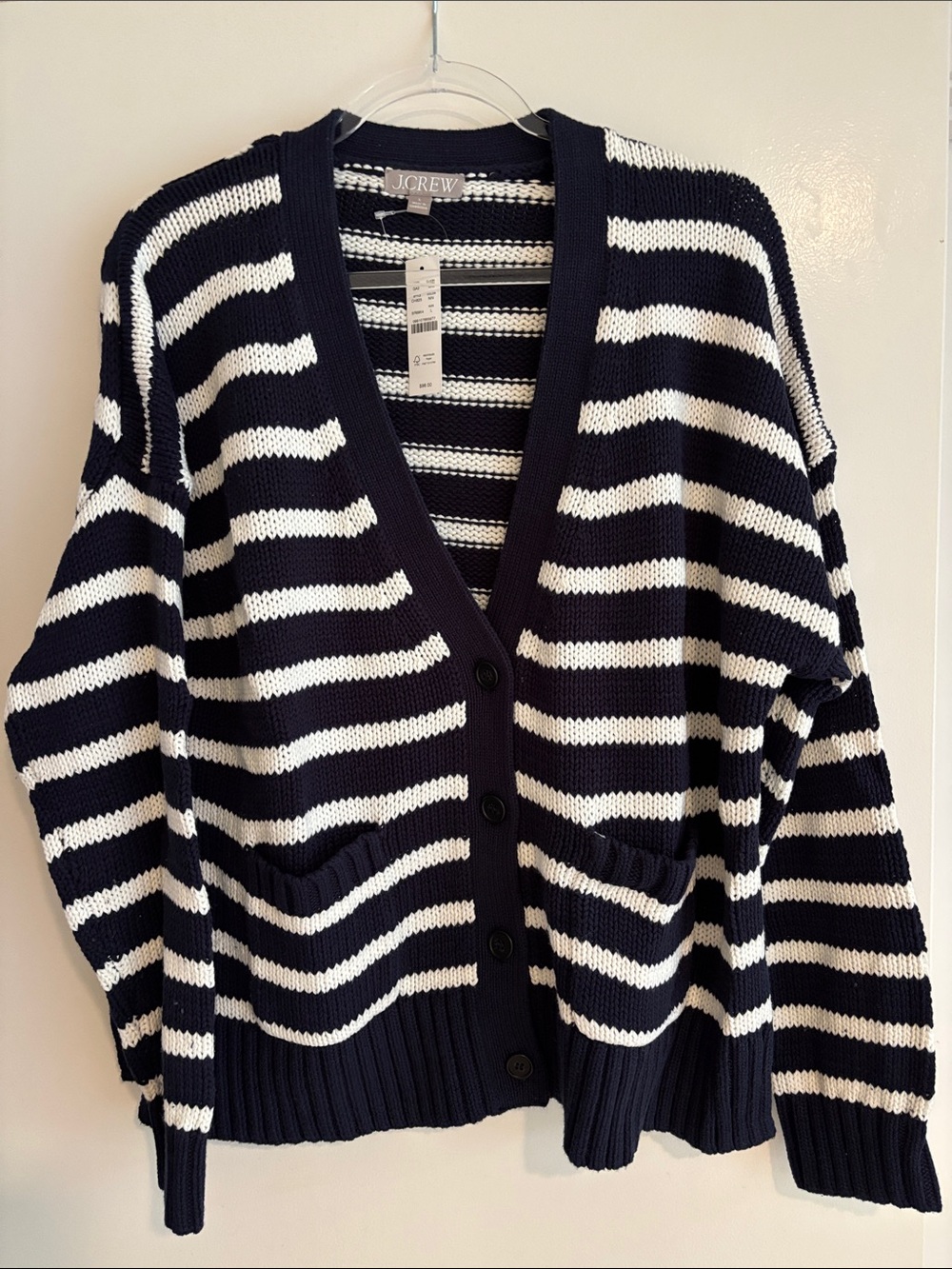 J. Crew Navy & White Striped V‑Neck Button Cardigan